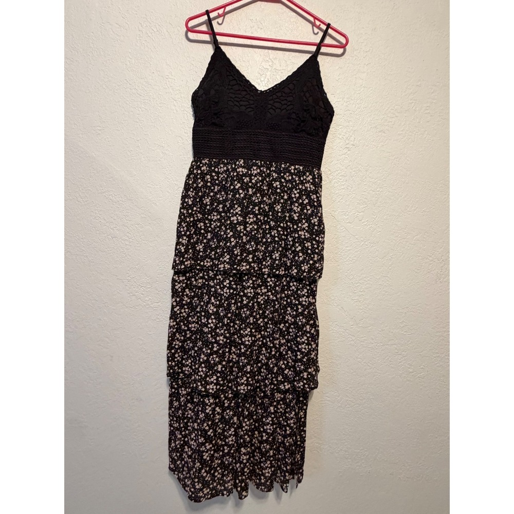 Derek Heart Floral Maxi Dress Black Crochet Lace Tiered Smocked Back Large